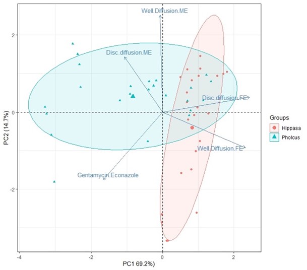 Relationship between spider species as influenced by methods and zones of inhibition